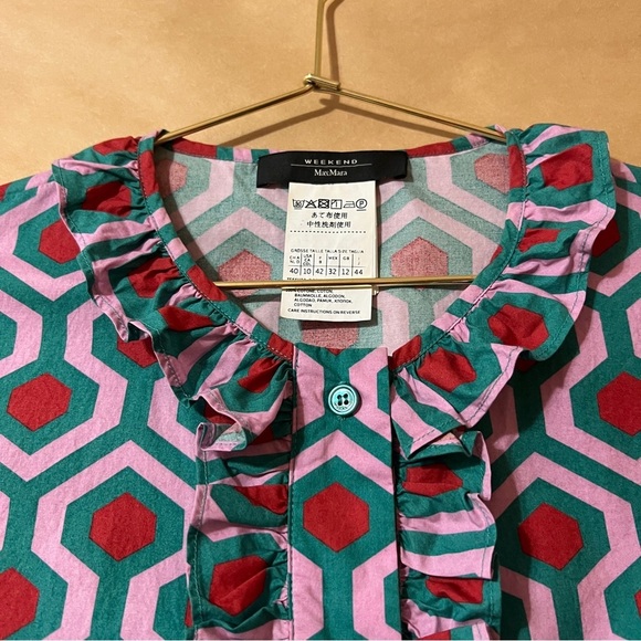 Weekend MaxMara Curvato Geometric Print Ruffle Shirt Dress Button Front Size 10 - Picture 6 of 13